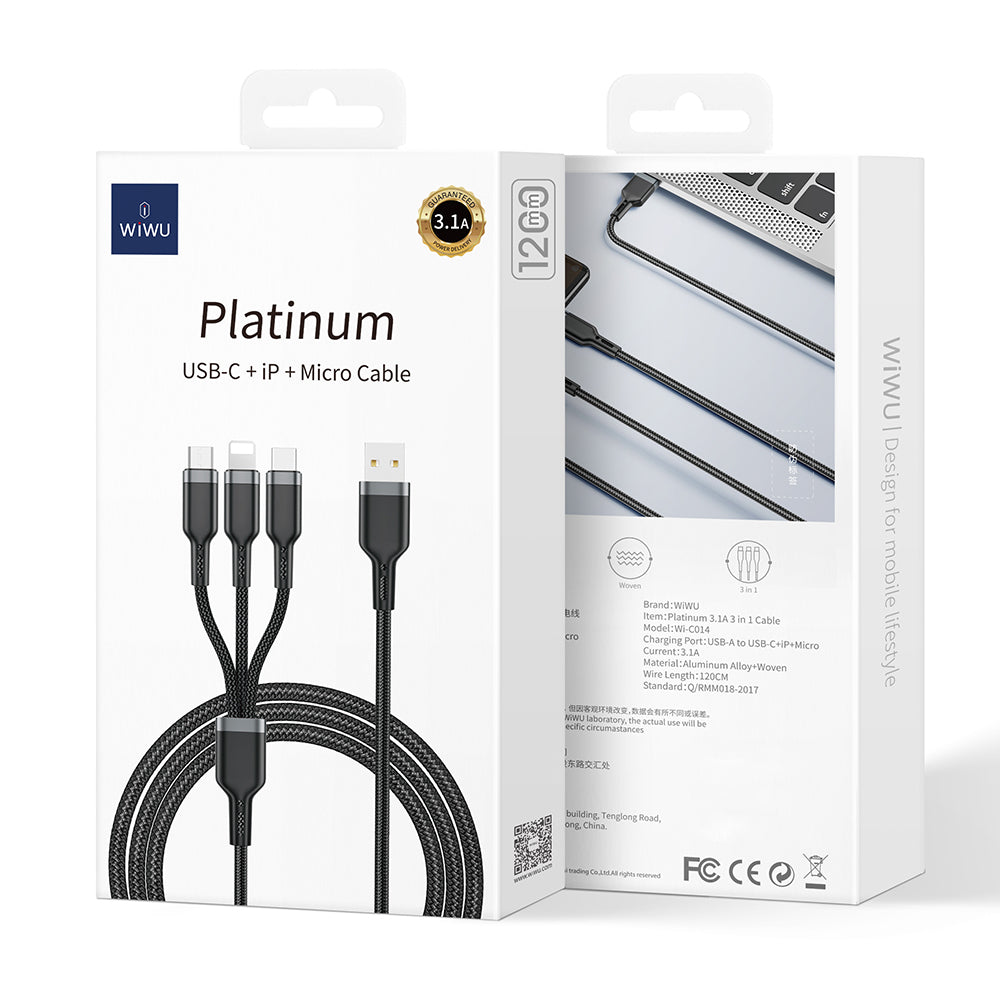 Wiwu Wi-C014 Platinum Serisi 3in1 USB-A to Lightning – Type-C – Micro Şarj ve Data Kablosu 3.1A 1.2m Wiwu Wi-C014 Platinum Serisi 3in1 USB-A to Lightning – Type-C – Micro Şarj ve Data Kablosu 3.1A 1.2m